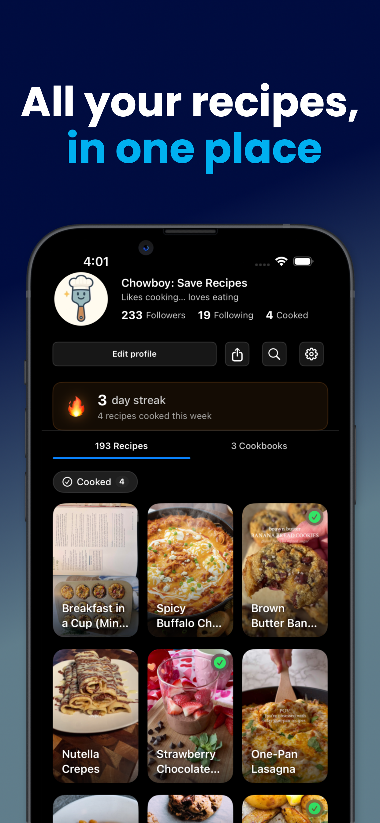 Chowboy app showing a user's recipe collection with 193 saved recipes