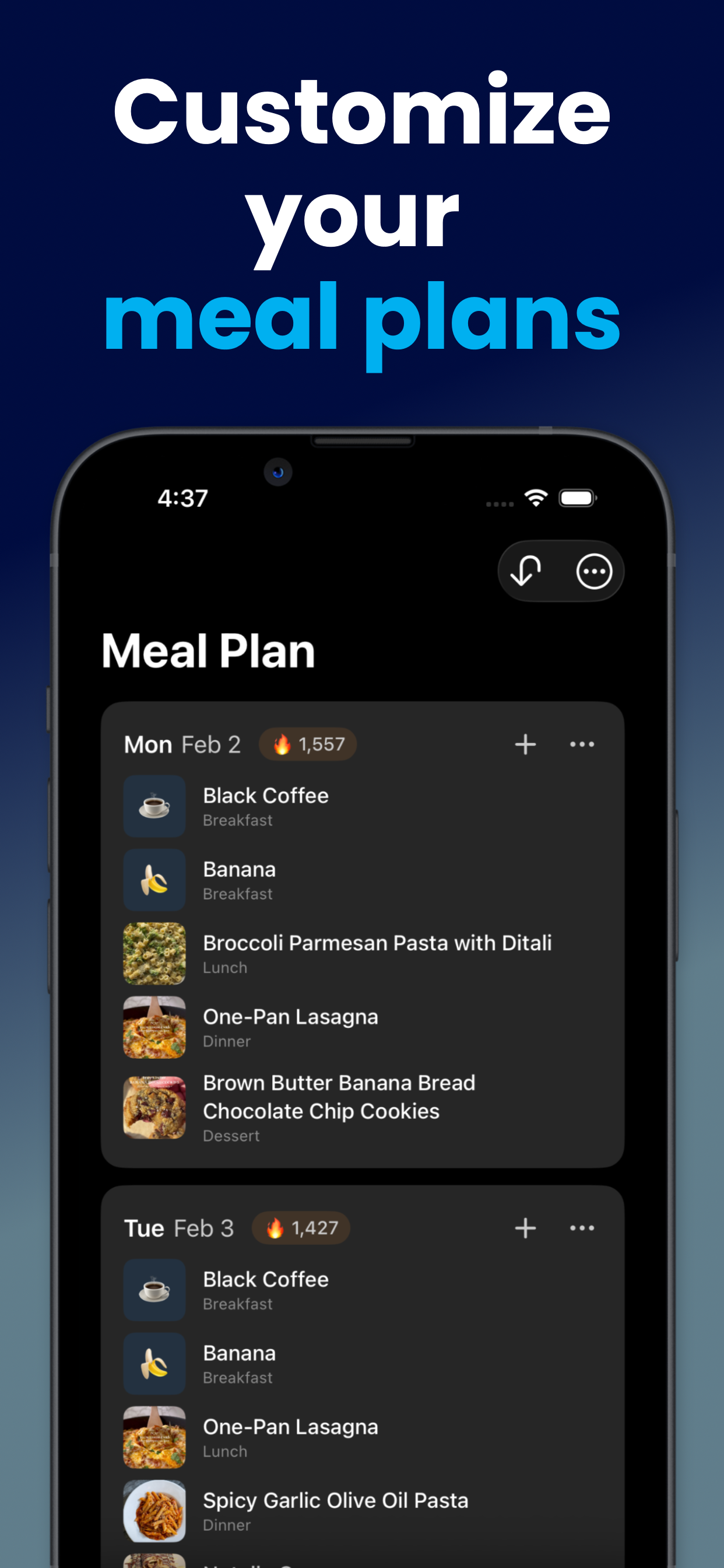 Chowboy weekly meal planner showing customized daily meal plans with calorie tracking