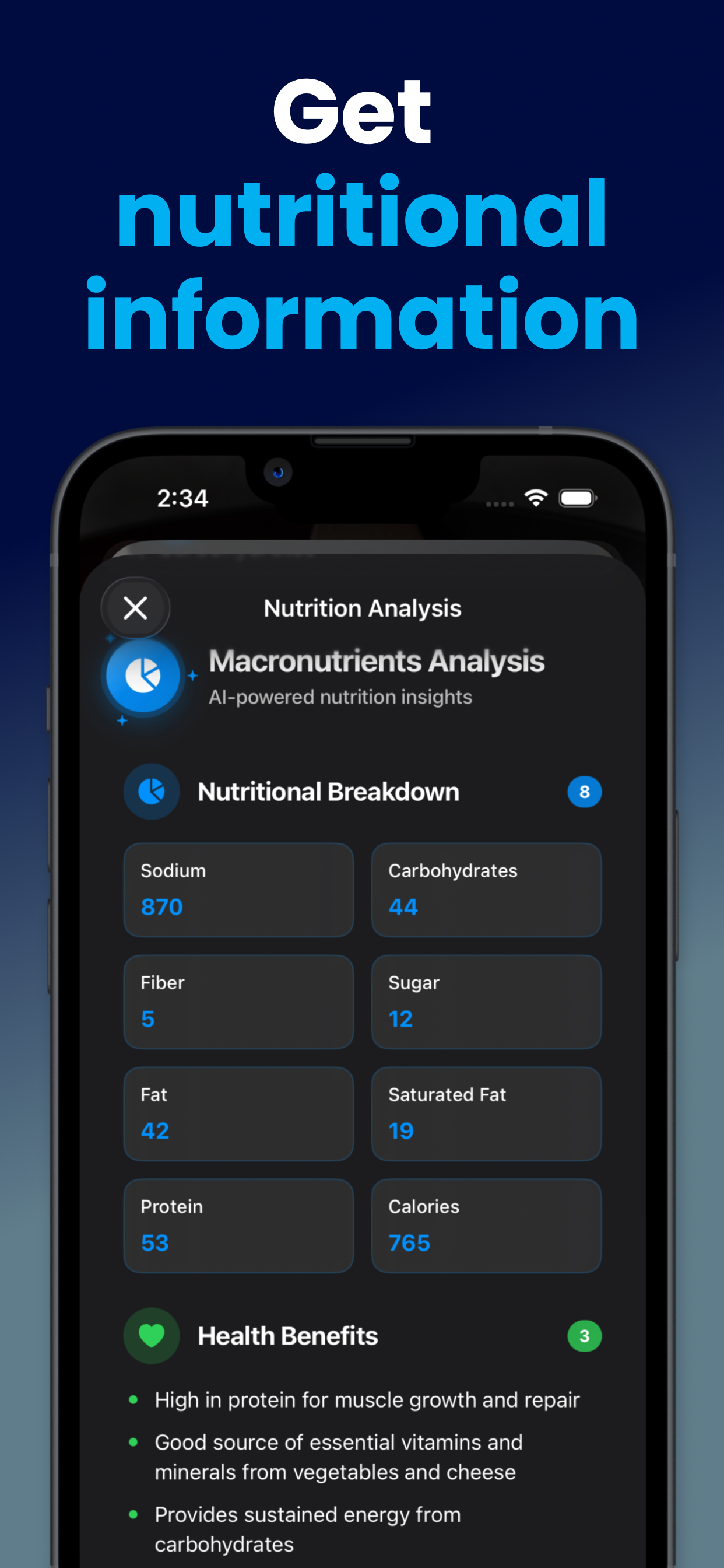 Chowboy nutrition analysis showing macronutrient breakdown with protein, carbs, fat and calories